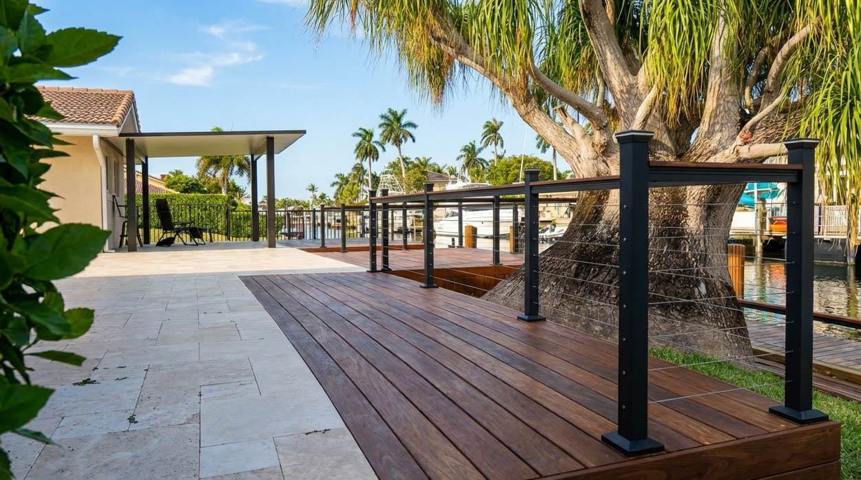 Waterfront custom deck with cable railing designed and installed by deck contractors in North & South Florida.