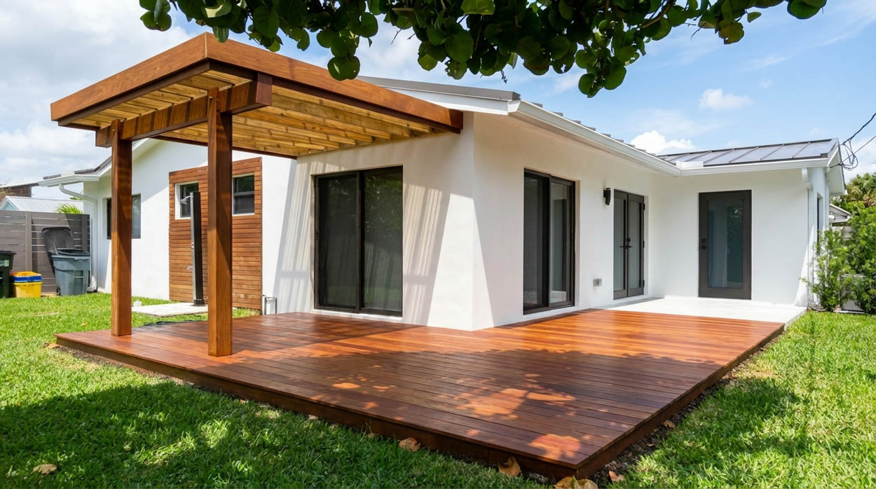 Wood deck with a timber pergola along the back of a white house
