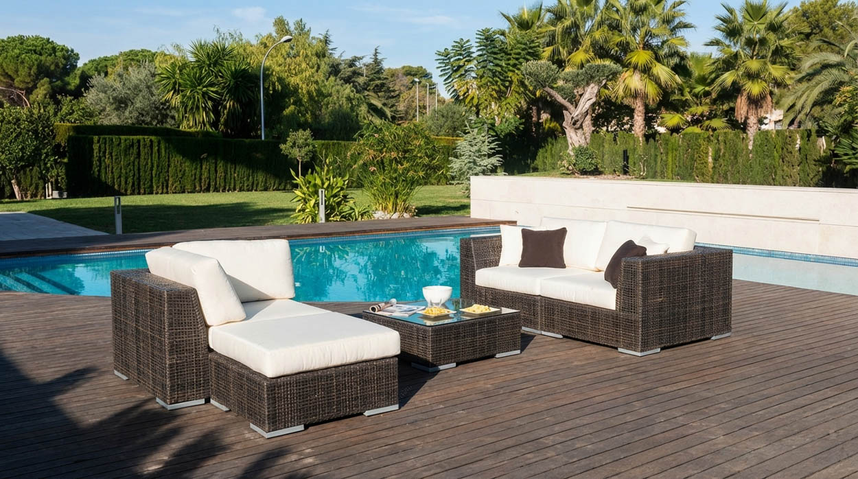 Luxury outdoor seating set installed on pool deck in North Florida, showcasing custom outdoor furniture for residential poolside projects.