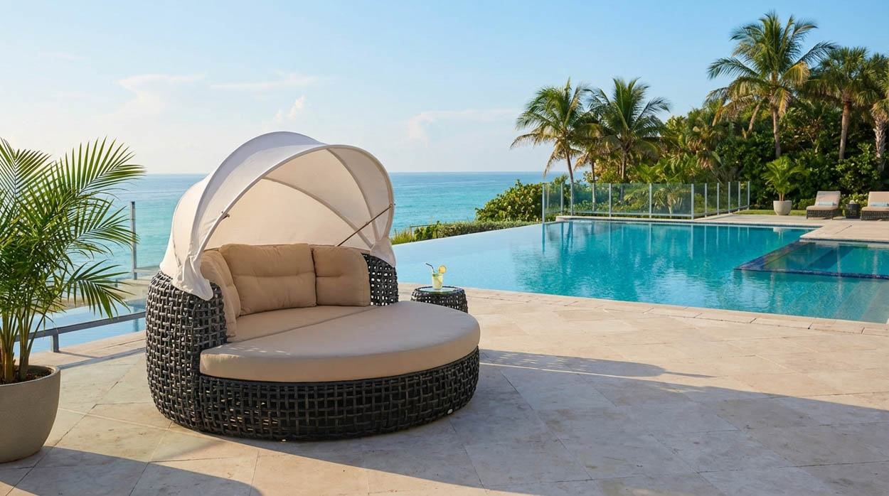 Custom outdoor daybed installed near an infinity pool in South Florida, designed for luxury residential outdoor living spaces.