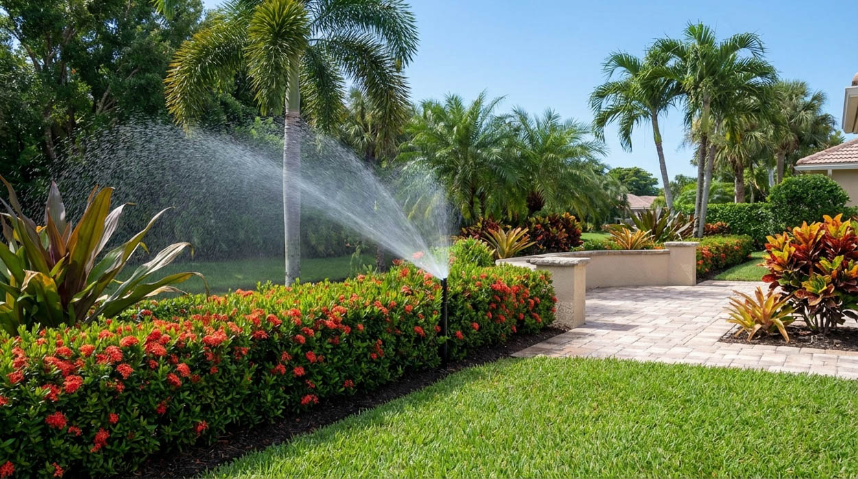 Professional irrigation system installation for landscaped gardens and walkways in South Florida, enhancing curb appeal and plant health.