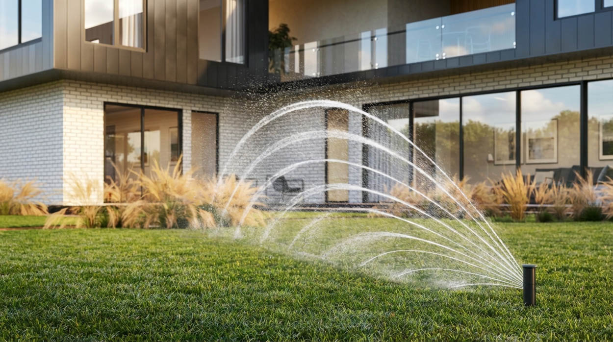 Smart irrigation sprinkler system installed in modern residential property, designed for efficient lawn watering across North and South Florida.