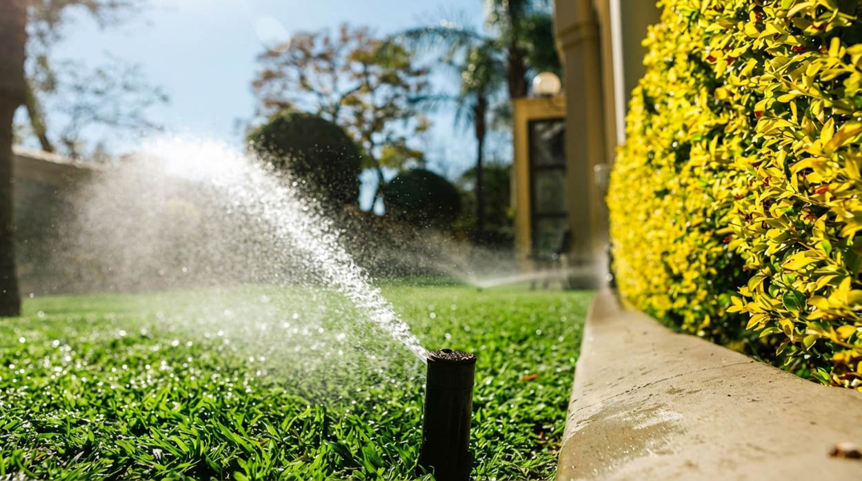 Close-up of precision irrigation sprinkler head installation in Florida landscape, providing targeted watering and reduced water waste.