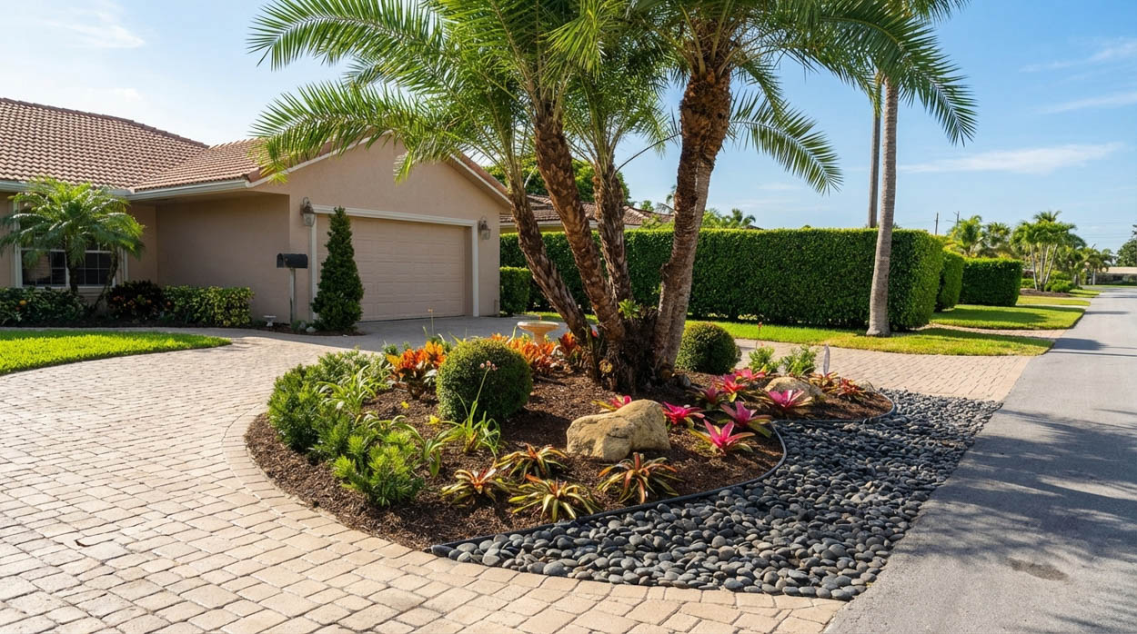 Residential front yard landscaping construction with palms and pavers by Florida landscape professionals.