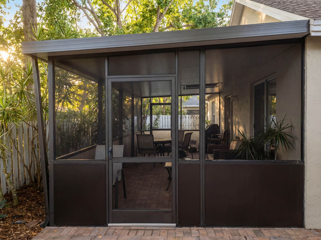 Custom patio screen enclosure built with durable aluminum framing, ideal for protecting outdoor living spaces in North and South Florida homes.