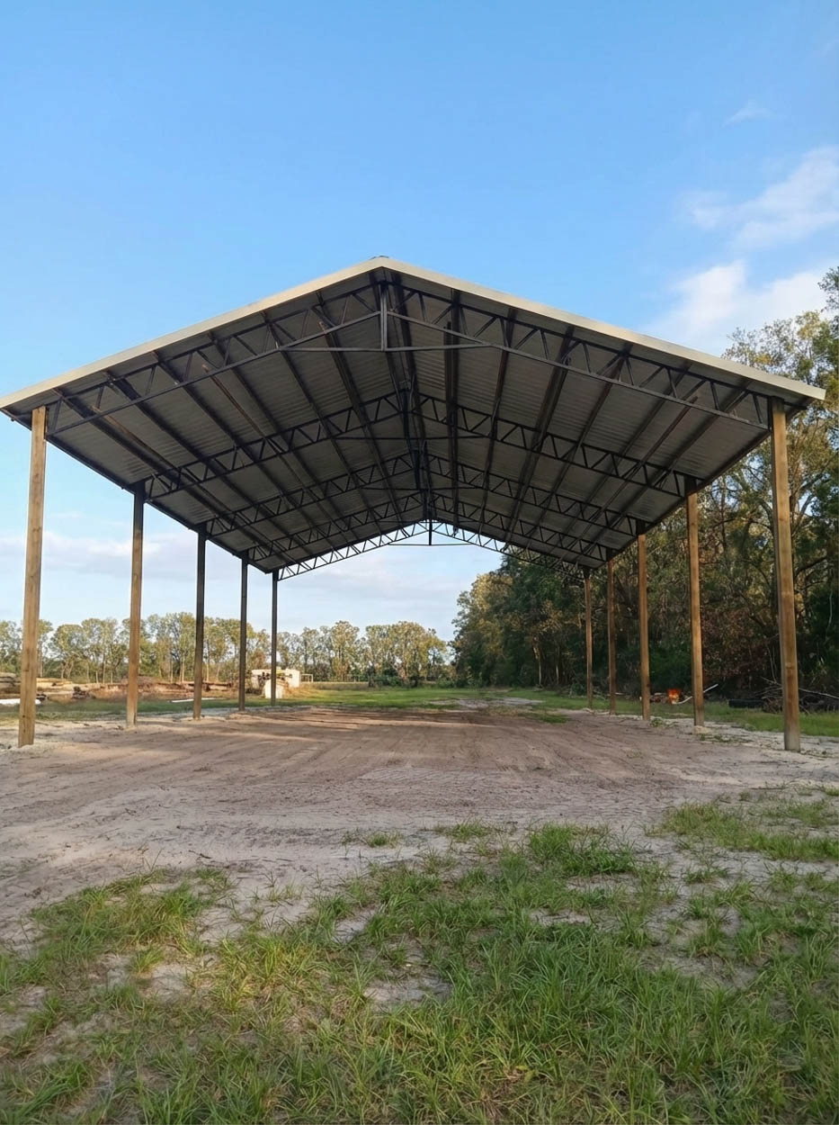 Large open-span pole barn with steel roofing, designed for storage, workshops, and commercial use across North & South Florida.