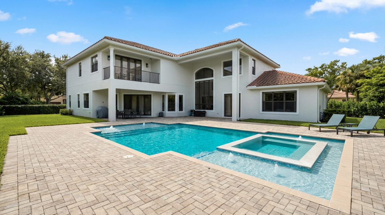 Paver deck around a pool with a raised spa and bubblers behind a two-story white home.