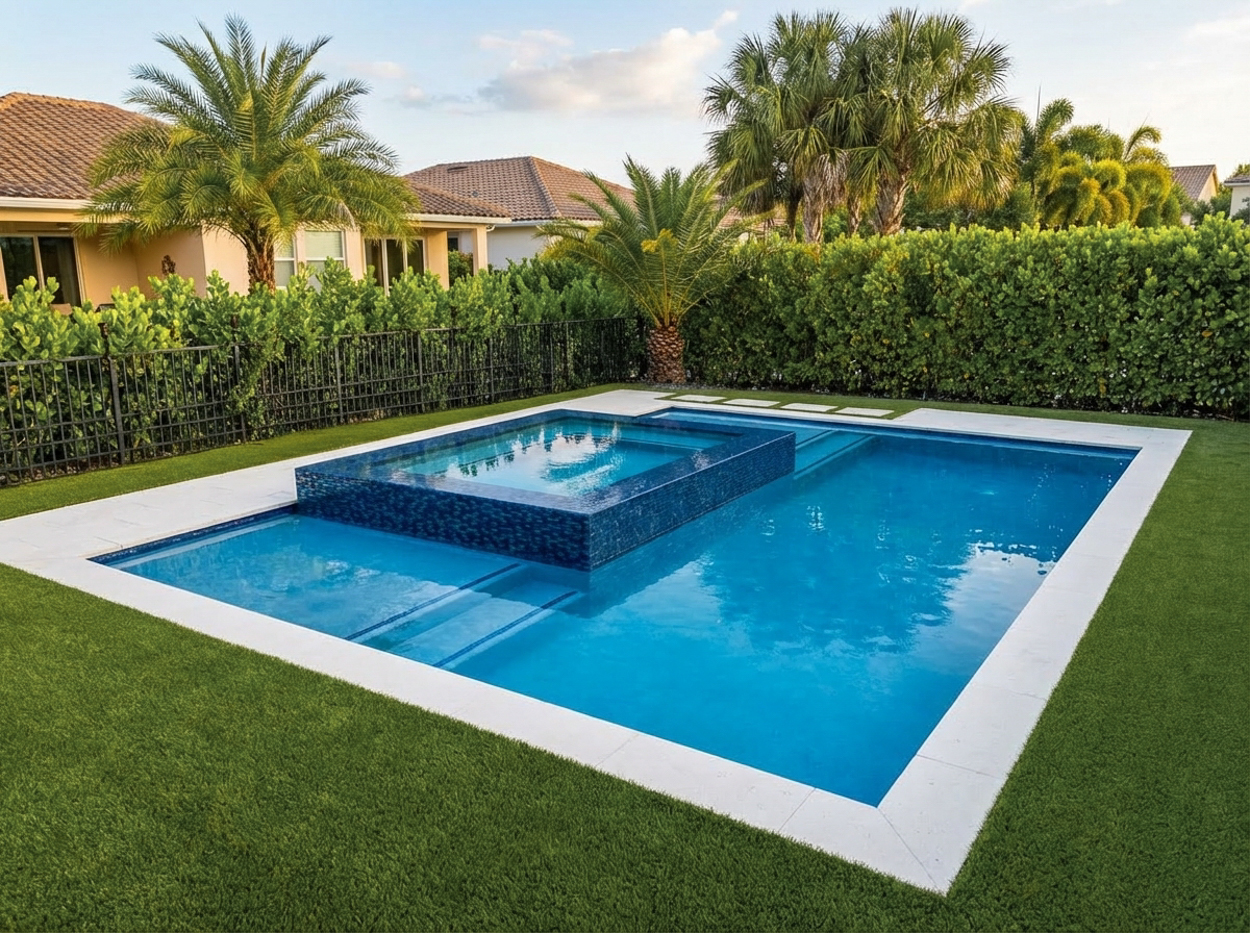 Rectangular pool with a raised spa in dark blue glass tile, white coping and artificial turf, framed by palms.