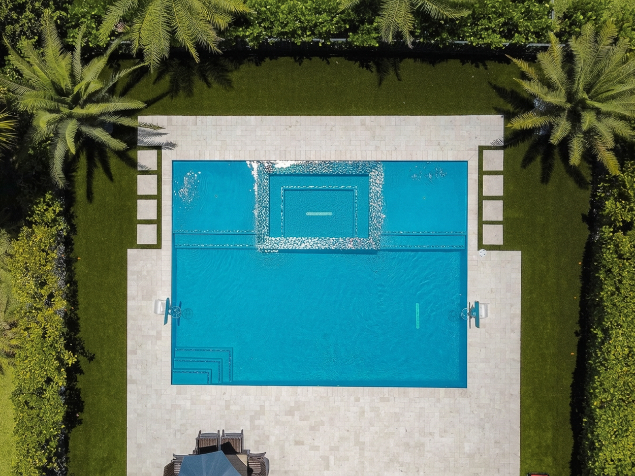 Aerial view of a rectangular pool with a centered spa, travertine deck and artificial turf.