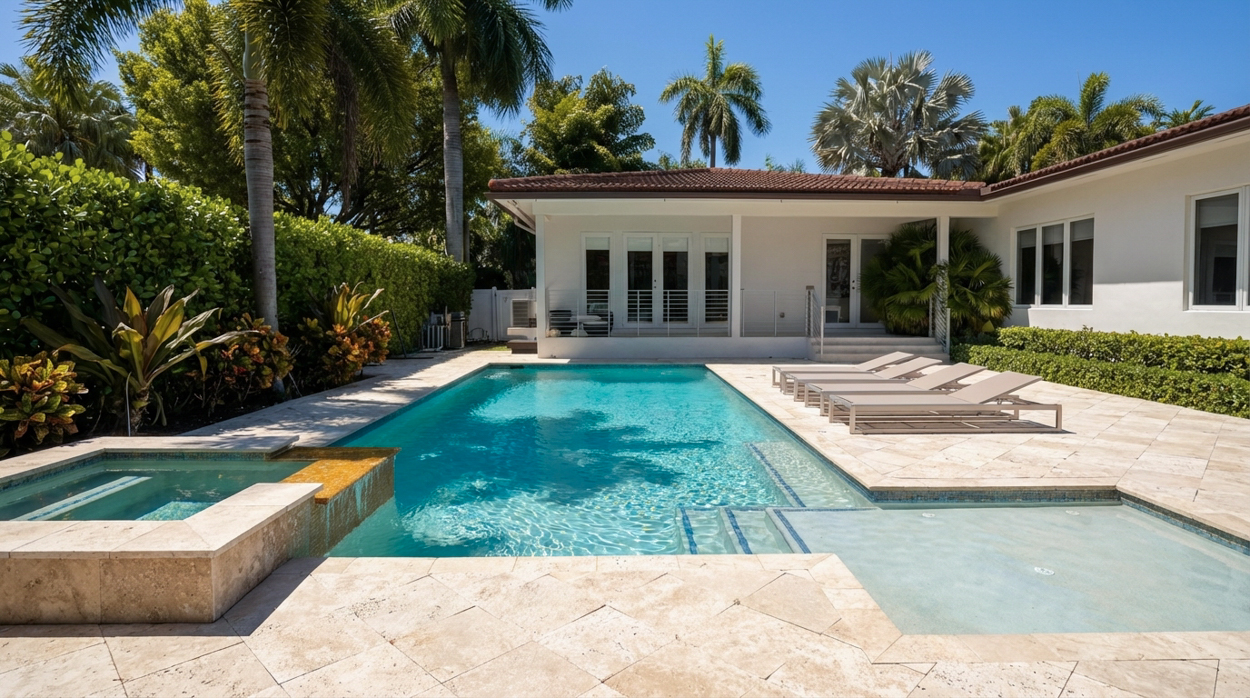 Travertine pool deck with a sun shelf and chaise lounges behind a one-story home framed by palms.