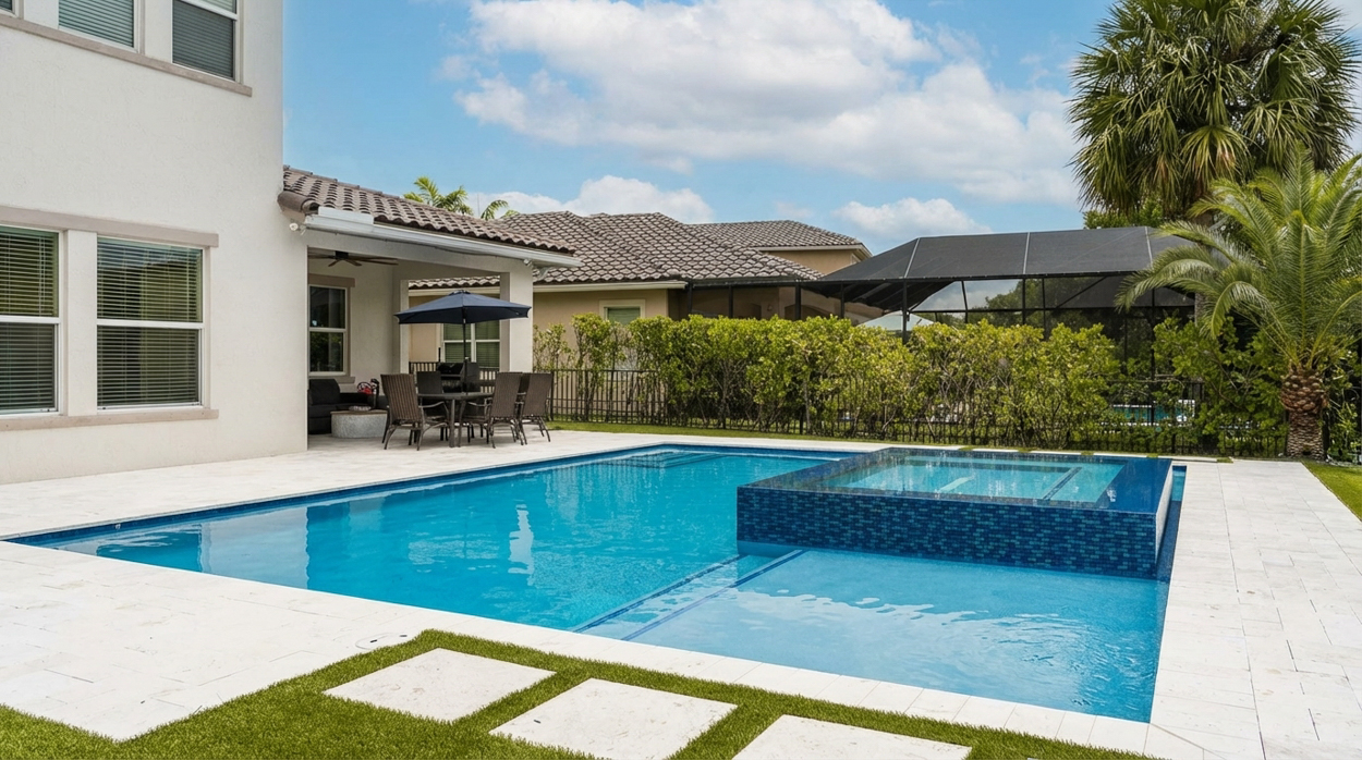 Rectangular pool with a raised glass-tile spa and stone pavers set into artificial turf beside the patio.
