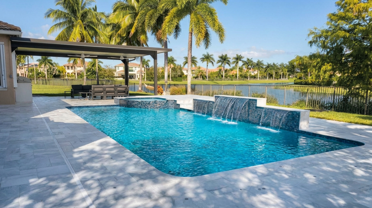 Pool with sheer-descent water features on a raised spa wall and a pergola lounge overlooking a lake.