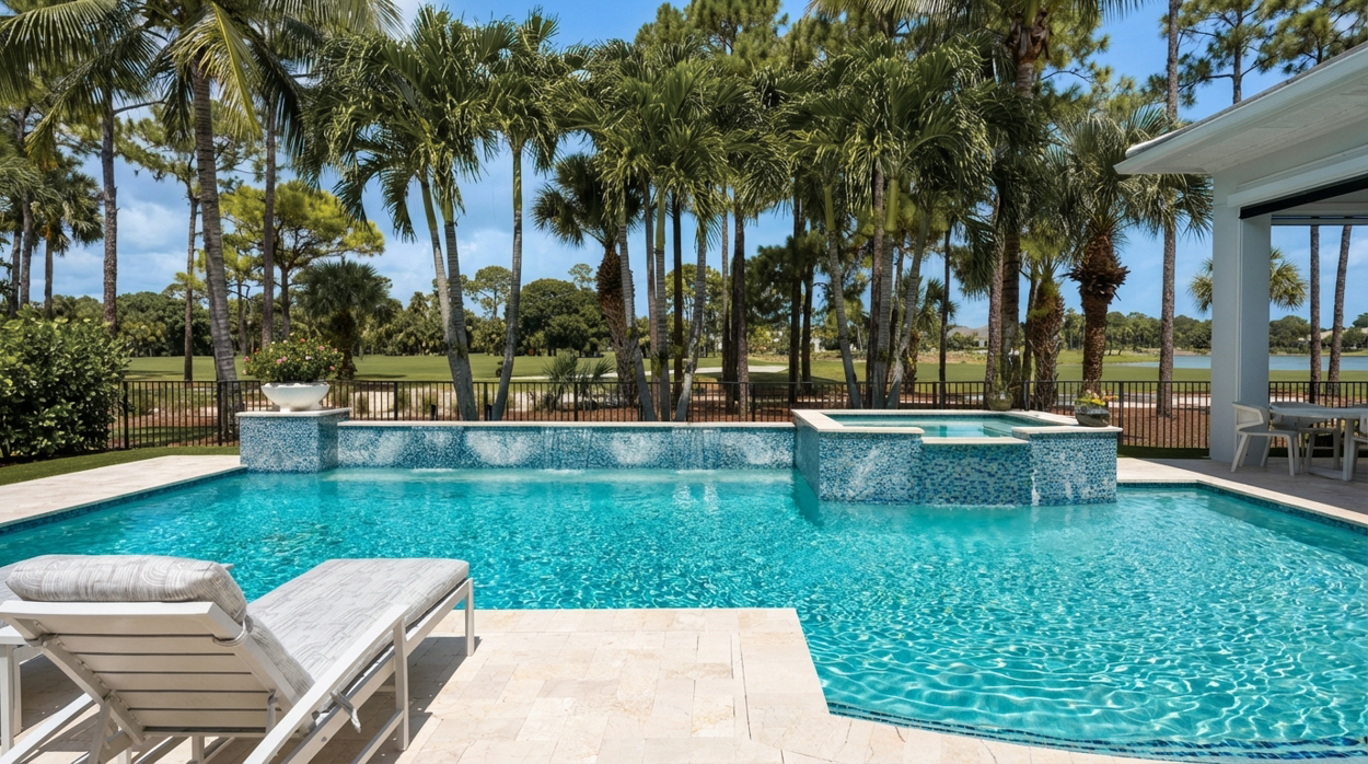 Pool with a raised spa and tiled spillover wall on a travertine deck, lined with tall palms.