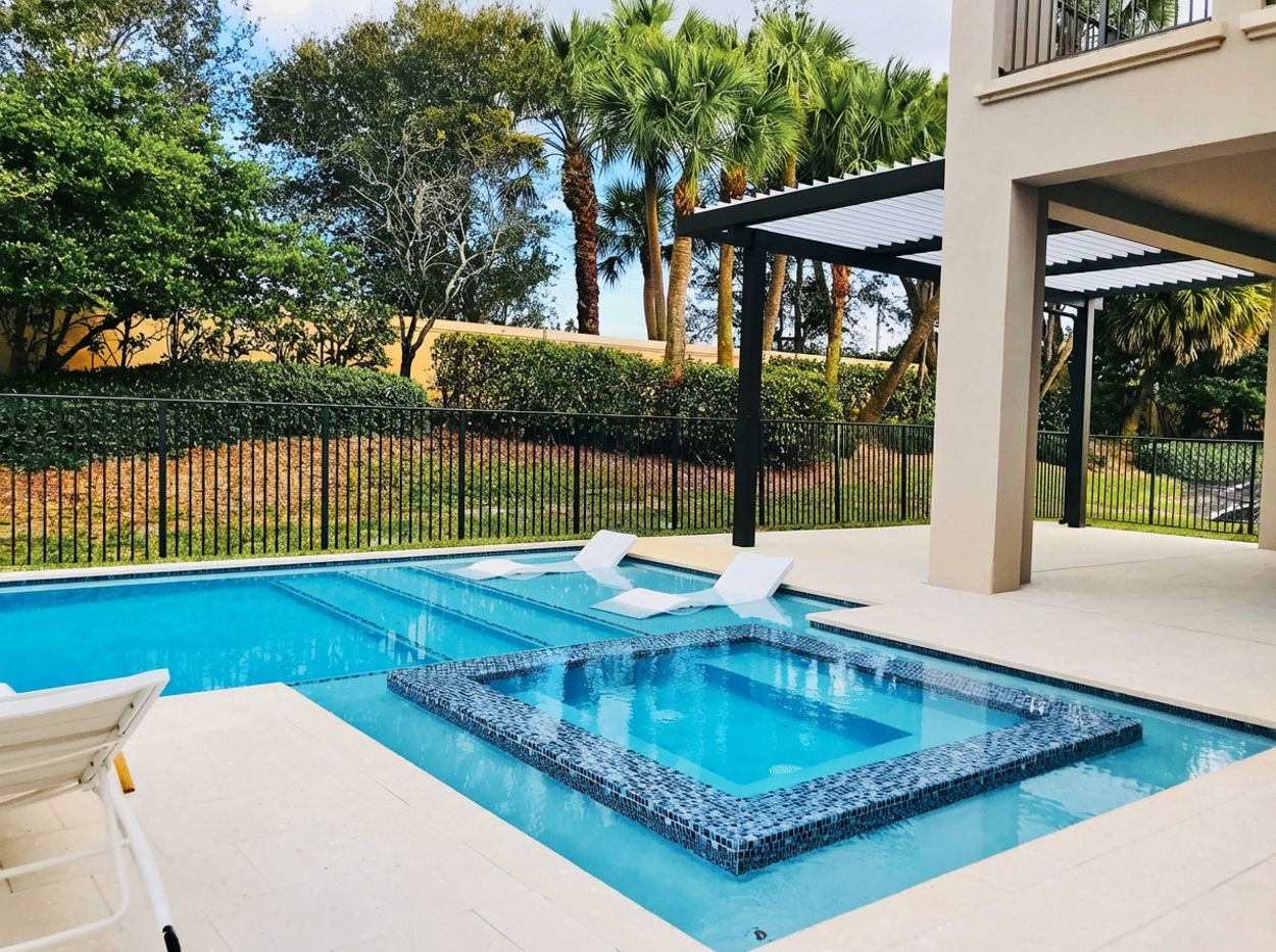 Raised spa in blue glass mosaic tile inside a pool with sun-shelf loungers, beside a white aluminum pergola.
