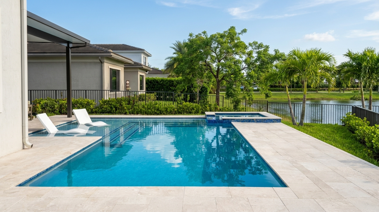 Pool and spa with white loungers on the sun shelf and a travertine deck beside a covered patio.