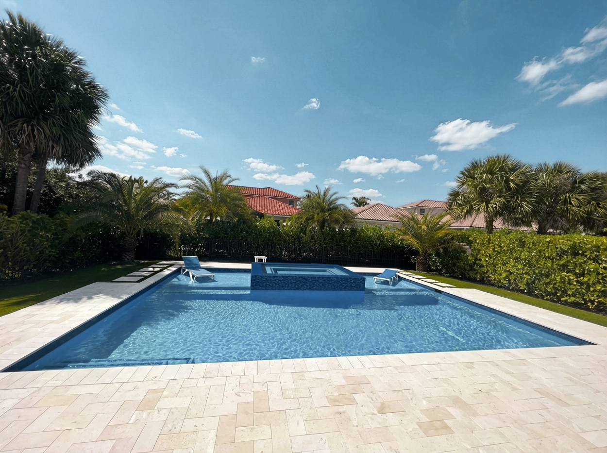 Long rectangular pool with an in-pool spa and loungers on the sun shelf, travertine deck and palm trees.