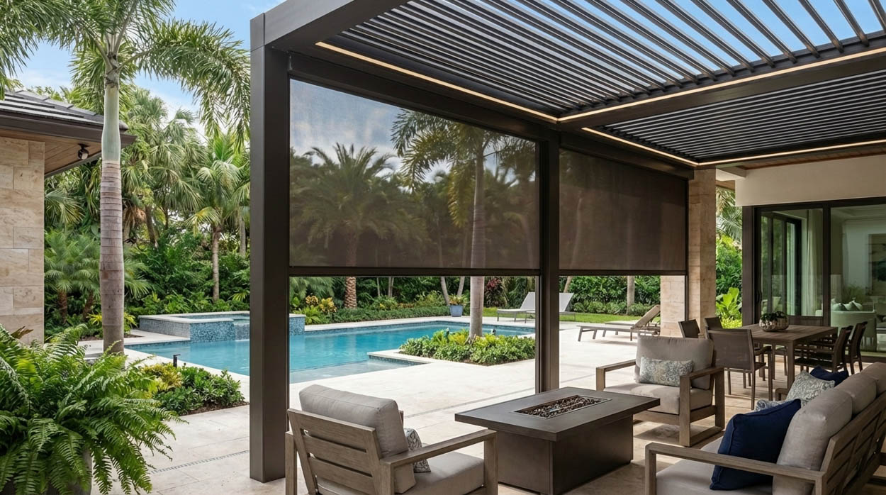 Modern outdoor living space featuring a louvered roof pergola with integrated motorized retractable screens, providing shade, insect protection, and weather control for South Florida homes.