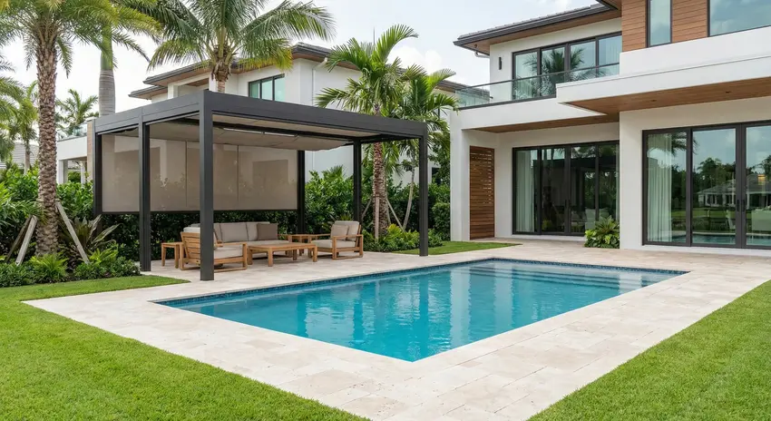 Modern custom pool with clear water, light stone deck, manicured lawn and pergola lounge in Boca Raton, FL.