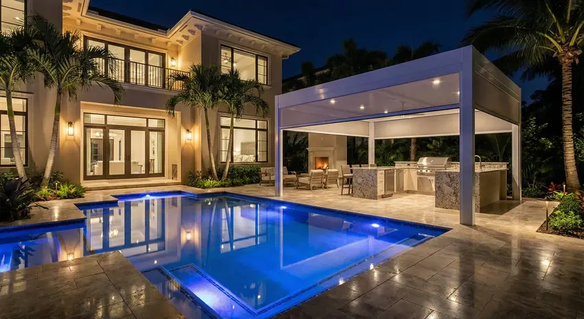 Luxury pool with blue LED lights, outdoor kitchen and bar for evening entertaining in Boca Raton, FL.