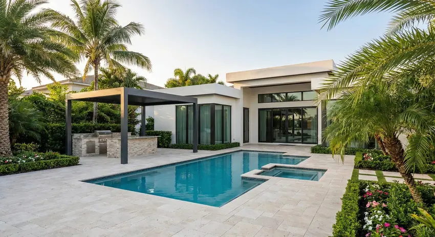 Modern pool with integrated spa, pergola and outdoor kitchen for a private tropical retreat in Boca Raton, FL.