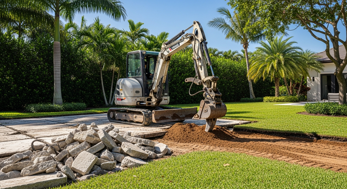 Existing surfaces are removed, the area is excavated and graded for drainage, and all premium pavers, travertine, or concrete decking materials are ordered for timely delivery.