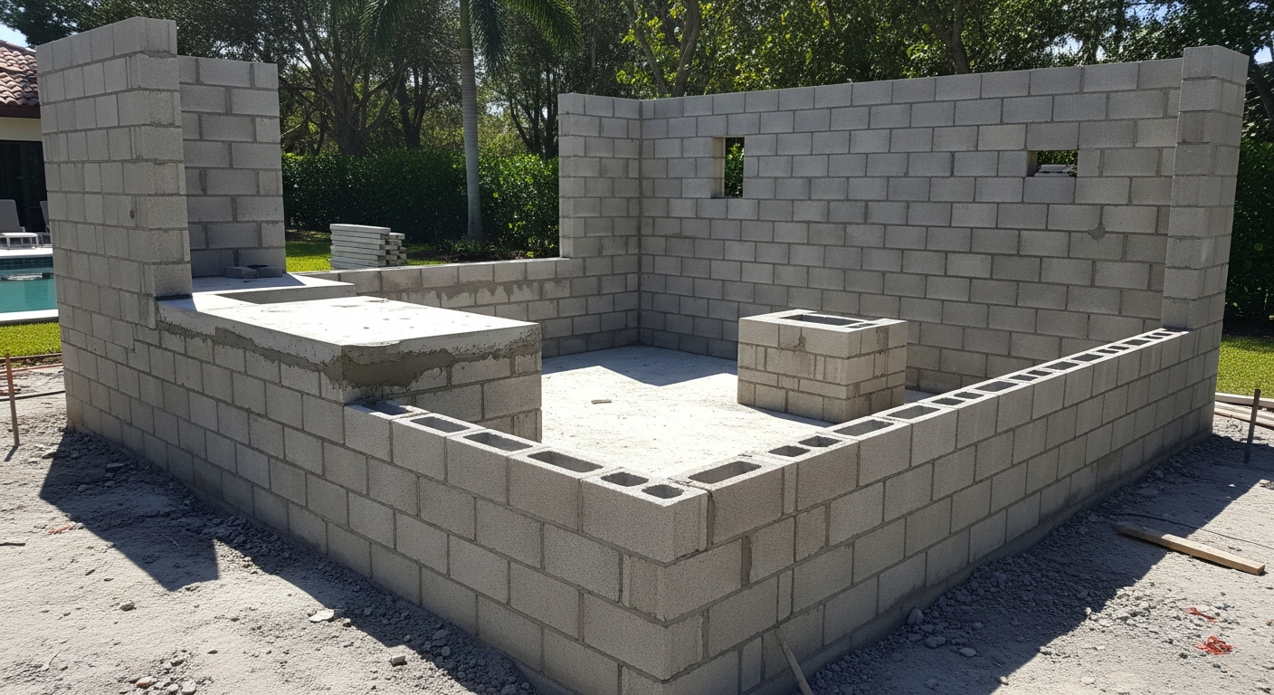 The kitchen site is precisely laid out, concrete bases are poured, and structural framing is completed by experienced contractors for a durable Florida outdoor kitchen build.