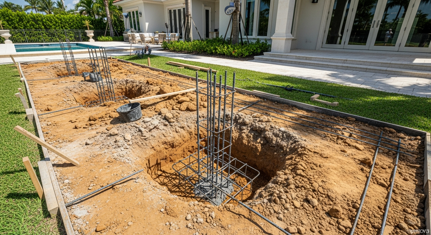 The installation site is laid out, concrete footings are poured as required, and all structural inspections are completed — creating a solid, code-compliant foundation for your Florida pergola.
