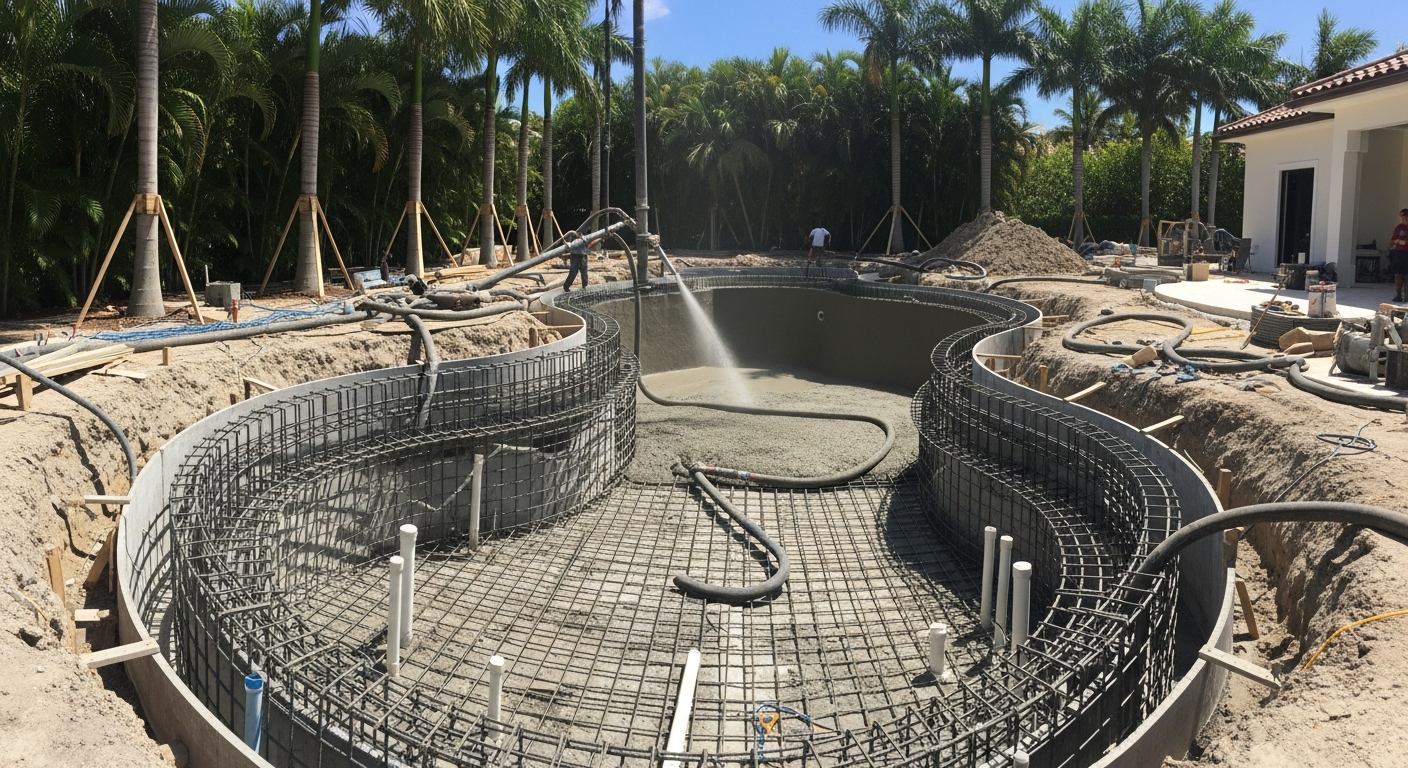 Expert pool excavation, steel rebar, gunite application, tile, coping, decking, and full equipment installation by licensed pool contractors in North & South Florida.