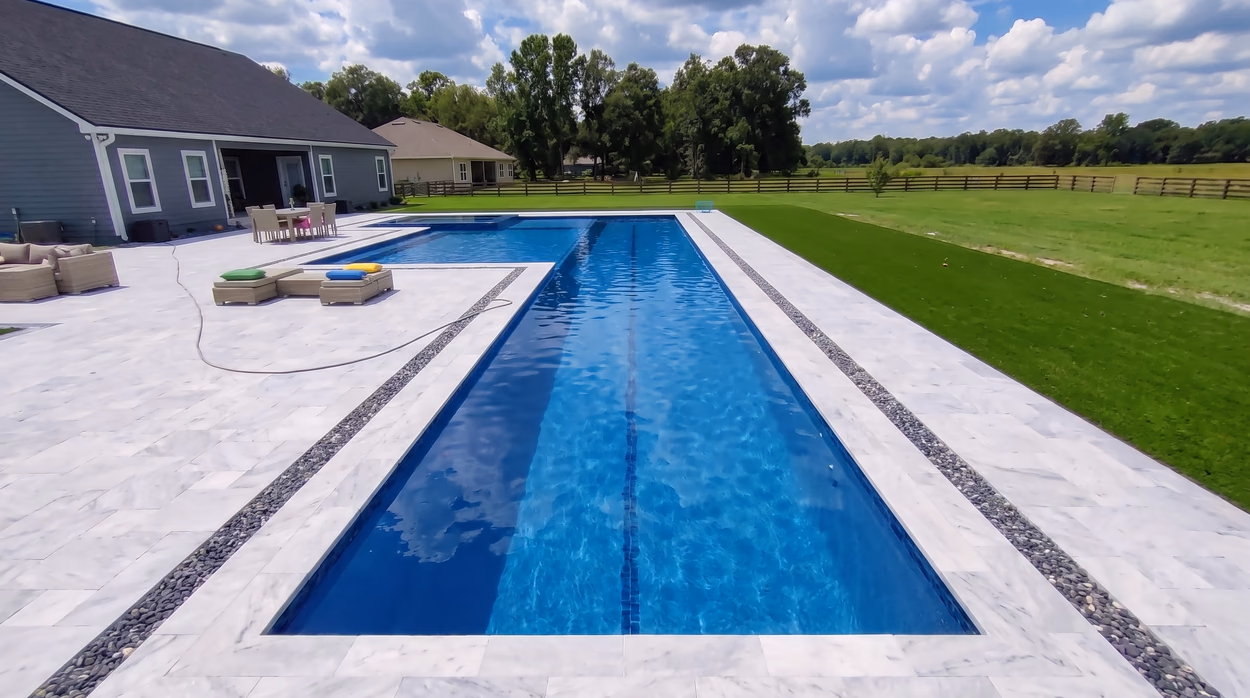 Lap pool set into a wide lawn with mature trees on North Florida acreage, part of a project by Mr & Mrs Outdoor Living