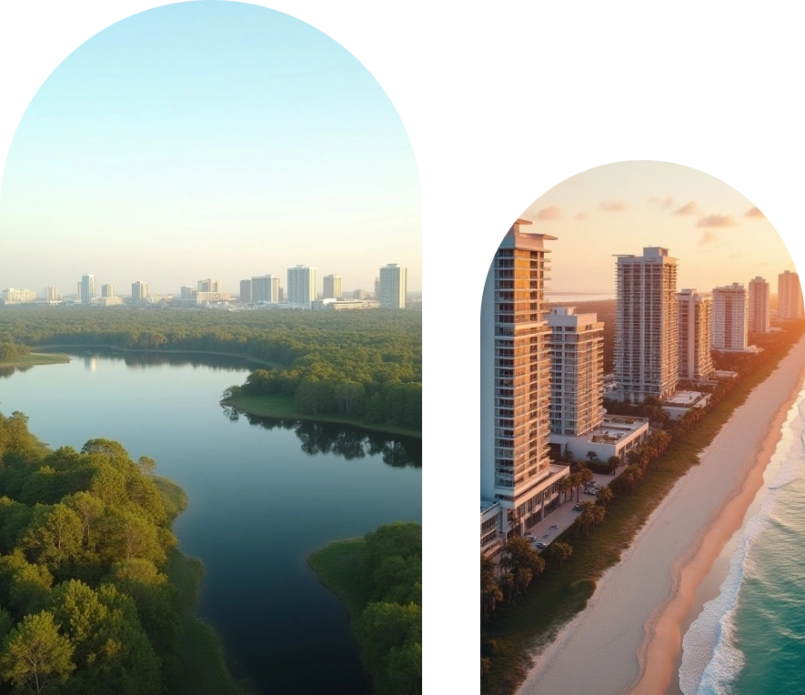 Split view showing a city skyline beyond a lush green forest with a calm river on the left, and tall beachfront buildings along a sandy coast at sunset on the right.